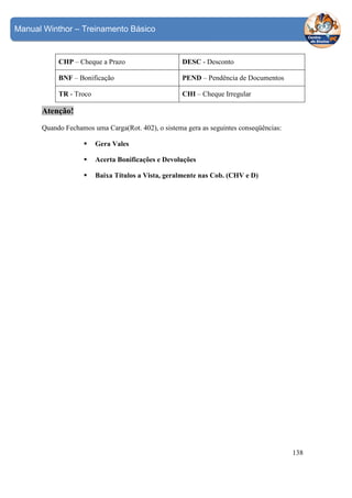 Manual Winthor – Treinamento Básico

CHP – Cheque a Prazo

DESC - Desconto

BNF – Bonificação

PEND – Pendência de Documentos

TR - Troco

CHI – Cheque Irregular

Atenção!
Quando Fechamos uma Carga(Rot. 402), o sistema gera as seguintes conseqüências:
Gera Vales
Acerta Bonificações e Devoluções
Baixa Títulos a Vista, geralmente nas Cob. (CHV e D)

138

 