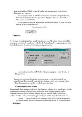 interessante utilizar o Modo Layout da pagina para acompanhar a forma como o
     documento será impresso.
           · Havendo necessidade de trabalhar com colunas em apenas uma parte do texto,
           deve-se marcar a região do texto que sofrerá alteração (clicando e arrastando) e
           então aciona-se os comandos.
           · A alteração da largura das colunas pode ser feita diretamente na régua; clicando
           o mouse no local abaixo indicado:
                                   Ajusta a largura da coluna




    Quebras

Já vimos um comando de quebras quando estudamos o item 4.2, acima. É possível também
acrescentar um comando semelhante de Quebra de Página, fazendo com que, do ponto onde
for incluído a marca de quebra, texto vá para a página seguinte.




       ·    Acessando o menu Inserir Þ Quebra Þ Quebra de página; a partir da caixa de
       diálogo abaixo:


     Quando estivermos trabalhando em textos com duas ou mais colunas, pode ser
     necessário que do ponto onde a marca é acrescentada, o texto passe para a próxima
     coluna. Basta para isso, escolher a opção Quebra de coluna.

        Balanceamento de Colunas
Outra situação decorrente do uso de texto distribuído em colunas, surge quando um texto não
chega a ocupar todas as colunas proporcionalmente. Nesta situação, para um melhor
balanceamento do texto nas colunas, utiliza-se a opção Inserir Þ Quebra Þ Contínua...
O Word distribui o texto pelas colunas, procurando um melhor preenchimento entre elas.
           · Detalhe... Utilizando esta opção o usuário permite liberdade ao Word para que
           faça a separação, o que pode resultar na quebra de parágrafos de forma indesejável.
    Imagens
 