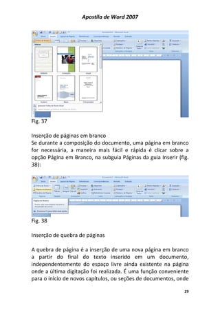 Apostila de Word 2007
29
Fig. 37
Inserção de páginas em branco
Se durante a composição do documento, uma página em branco
for necessária, a maneira mais fácil e rápida é clicar sobre a
opção Página em Branco, na subguia Páginas da guia Inserir (fig.
38):
Fig. 38
Inserção de quebra de páginas
A quebra de página é a inserção de uma nova página em branco
a partir do final do texto inserido em um documento,
independentemente do espaço livre ainda existente na página
onde a última digitação foi realizada. É uma função conveniente
para o início de novos capítulos, ou seções de documentos, onde
 