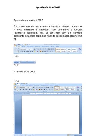 Apostila de Word 2007
3
Apresentando o Word 2007
É o processador de textos mais conhecido e utilizado do mundo.
A nova interface é agradável, com comandos e funções
facilmente acessíveis, (fig. 1) contando com um controle
deslizante de acesso rápido ao nível de aproximação (zoom) (fig.
2)
Fig 1
Fig 2
A tela do Word 2007
Fig 3
 