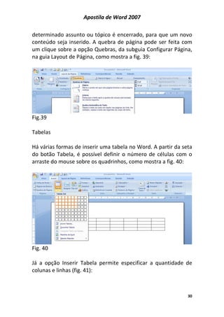 Apostila de Word 2007
30
determinado assunto ou tópico é encerrado, para que um novo
conteúdo seja inserido. A quebra de página pode ser feita com
um clique sobre a opção Quebras, da subguia Configurar Página,
na guia Layout de Página, como mostra a fig. 39:
Fig.39
Tabelas
Há várias formas de inserir uma tabela no Word. A partir da seta
do botão Tabela, é possível definir o número de células com o
arraste do mouse sobre os quadrinhos, como mostra a fig. 40:
Fig. 40
Já a opção Inserir Tabela permite especificar a quantidade de
colunas e linhas (fig. 41):
 