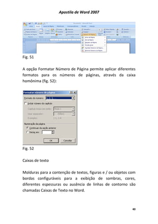 Apostila de Word 2007
40
Fig. 51
A opção Formatar Número de Página permite aplicar diferentes
formatos para os números de páginas, através da caixa
homônima (fig. 52):
Fig. 52
Caixas de texto
Molduras para a contenção de textos, figuras e / ou objetos com
bordas configuráveis para a exibição de sombras, cores,
diferentes espessuras ou ausência de linhas de contorno são
chamadas Caixas de Texto no Word.
 