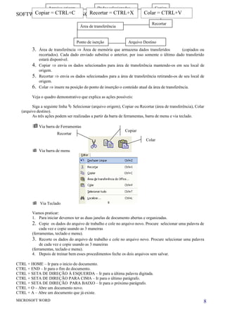 Arquivo origem               Dados selecionados                Copiar
SOFTWARE INFOR TRAINING Recortar = CTRL+X
     Copiar = CTRL+C                                                      Colar = CTRL+V
                                                                               Recortar
                                     Área de transferência


                                   Ponto de iserção              Arquivo Destino
        3.   Área de transferência ⇒ Área de memória que armazena dados transferidos              (copiados ou
             recortados). Cada dado enviado substitui o anterior, por isso somente o último dado transferido
             estará disponível.
        4.   Copiar ⇒ envia os dados selecionados para área de transferência mantendo-os em seu local de
             origem.
        5.   Recortar ⇒ envia os dados selecionados para a área de transferência retirando-os de seu local de
             origem.
        6.   Colar ⇒ insere na posição do ponto de inserção o conteúdo atual da área de transferência.

        Veja o quadro demonstrativo que explica as ações possíveis:

        Siga a seguinte linha  Selecionar (arquivo origem), Copiar ou Recortar (área de transferência), Colar
  (arquivo destino).
        As três ações podem ser realizadas a partir da barra de ferramentas, barra de menu e via teclado.

         Via barra de Ferramentas
                                                               Copiar
                       Recortar
                                                                           Colar

         Via barra de menu




         Via Teclado

        Vamos praticar:
        1. Para iniciar devemos ter as duas janelas de documento abertas e organizadas.
        2. Copie os dados do arquivo de trabalho e cole no arquivo novo. Procure selecionar uma palavra de
             cada vez e copie usando as 3 maneiras
        (ferramentas, teclado e menu).
        3. Recorte os dados do arquivo de trabalho e cole no arquivo novo. Procure selecionar uma palavra
             de cada vez e copie usando as 3 maneiras
        (ferramentas, teclado e menu).
        4. Depois de treinar bem esses procedimentos feche os dois arquivos sem salvar.

CTRL + HOME – Ir para o início do documento.
CTRL + END – Ir para o fim do documento.
CTRL + SETA DE DIREÇÃO À ESQUERDA – Ir para a última palavra digitada.
CTRL + SETA DE DIREÇÃO PARA CIMA – Ir para o último parágrafo.
CTRL + SETA DE DIREÇÃO PARA BAIXO – Ir para o próximo parágrafo.
CTRL + O – Abre um documento novo.
CTRL + A – Abre um documento que já existe.
MICROSOFT WORD                                                                                               8
 