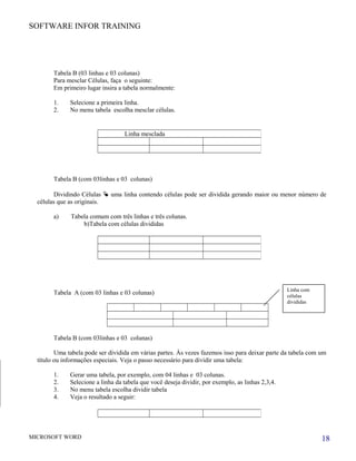 SOFTWARE INFOR TRAINING
Tabela B (03 linhas e 03 colunas)
Para mesclar Células, faça o seguinte:
Em primeiro lugar insira a tabela normalmente:
1. Selecione a primeira linha.
2. No menu tabela escolha mesclar células.
Tabela B (com 03linhas e 03 colunas)
Dividindo Células  uma linha contendo células pode ser dividida gerando maior ou menor número de
células que as originais.
a) Tabela comum com três linhas e três colunas.
b)Tabela com células divididas
Tabela A (com 03 linhas e 03 colunas)
Tabela B (com 03linhas e 03 colunas)
Uma tabela pode ser dividida em várias partes. Às vezes fazemos isso para deixar parte da tabela com um
título ou informações especiais. Veja o passo necessário para dividir uma tabela:
1. Gerar uma tabela, por exemplo, com 04 linhas e 03 colunas.
2. Selecione a linha da tabela que você deseja dividir, por exemplo, as linhas 2,3,4.
3. No menu tabela escolha dividir tabela
4. Veja o resultado a seguir:
MICROSOFT WORD
Linha mesclada
Linha com
células
divididas
18
 