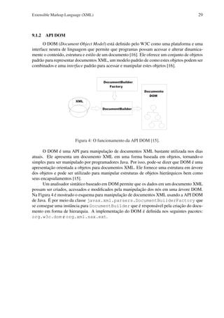 29

Extensible Markup Language (XML)

9.1.2 API DOM
O DOM (Document Object Model) está deﬁnido pelo W3C como uma plataforma e uma
interface neutra de linguagem que permite que programas possam acessar e alterar dinamicamente o conteúdo, estrutura e estilo de um documento [16]. Ele oferece um conjunto de objetos
padrão para representar documentos XML, um modelo padrão de como estes objetos podem ser
combinados e uma interface padrão para acessar e manipular estes objetos [16].

DocumentBuilder
Factory
Documento
DOM
XML
DocumentBuilder

Figura 4: O funcionamento da API DOM [15].
O DOM é uma API para manipulação de documentos XML bastante utilizada nos dias
atuais. Ele apresenta um documento XML em uma forma baseada em objetos, tornando-o
simples para ser manipulado por programadores Java. Por isso, pode-se dizer que DOM é uma
apresentação orientada a objetos para documentos XML. Ele fornece uma estrutura em árvore
dos objetos e pode ser utilizado para manipular estruturas de objetos hierárquicos bem como
seus encapsulamentos [15].
Um analisador sintático baseado em DOM permite que os dados em um documento XML
possam ser criados, acessados e modiﬁcados pela manipulação dos nós em uma árvore DOM.
Na Figura 4 é mostrado o esquema para manipulação de documentos XML usando a API DOM
de Java. É por meio da classe javax.xml.parsers.DocumentBuilderFactory que
se consegue uma instância para DocumentBuilder que é responsável pela criação do documento em forma de hierarquia. A implementação do DOM é deﬁnida nos seguintes pacotes:
org.w3c.dom e org.xml.sax.ext.

 