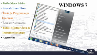WINDOWS 7
• Botão/Menu Iniciar
• Área de Ícone Fixos
• Ícone de Programa em
Execução
• Área de Notificação
• Botão: Mostrar Área de
Trabalho (Desktop)
• Acessórios
 