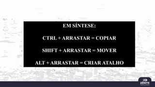 EM SÍNTESE:
CTRL + ARRASTAR = COPIAR
SHIFT + ARRASTAR = MOVER
ALT + ARRASTAR = CRIAR ATALHO
 
