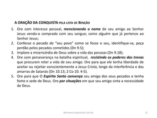 A ORAÇÃO DA CONQUISTA PELA LISTA DE BENÇÃO
1. Ore com interesse pessoal, mencionando o nome de seu amigo ao Senhor
Jesus vendo-o comprado com seu sangue; como alguém que já pertence ao
Senhor Jesus;
2. Confesse o pecado de “seu povo” como se fosse o seu, identifique-se, peça
perdão pelos pecados cometidos (Dn 9.5);
3. Implore a misericórdia de Deus sobre a vida das pessoas (Dn 9.18);
4. Ore com perseverança na batalha espiritual, resistindo os poderes das trevas
que procuram reter a vida de seu amigo. Ore para que ele tenha liberdade de
aceitar ou rejeitar conscientemente a Jesus Cristo, longe da interferência e das
amarras de Satanás (Dn 10.13; 2 Co 10. 4-5).
5. Ore para que O Espírito Santo convença seu amigo dos seus pecados e tenha
fome e sede de Deus. Ore por situações em que seu amigo sinta a necessidade
de Deus.
Ministerio Apostolico da Paz 12
 