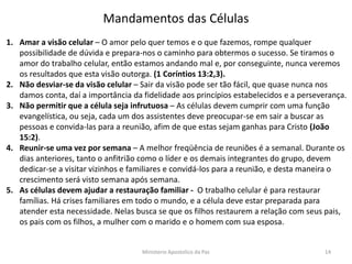 Mandamentos das Células
1. Amar a visão celular – O amor pelo quer temos e o que fazemos, rompe qualquer
possibilidade de dúvida e prepara-nos o caminho para obtermos o sucesso. Se tiramos o
amor do trabalho celular, então estamos andando mal e, por conseguinte, nunca veremos
os resultados que esta visão outorga. (1 Coríntios 13:2,3).
2. Não desviar-se da visão celular – Sair da visão pode ser tão fácil, que quase nunca nos
damos conta, daí a importância da fidelidade aos princípios estabelecidos e a perseverança.
3. Não permitir que a célula seja infrutuosa – As células devem cumprir com uma função
evangelística, ou seja, cada um dos assistentes deve preocupar-se em sair a buscar as
pessoas e convida-las para a reunião, afim de que estas sejam ganhas para Cristo (João
15:2).
4. Reunir-se uma vez por semana – A melhor freqüência de reuniões é a semanal. Durante os
dias anteriores, tanto o anfitrião como o líder e os demais integrantes do grupo, devem
dedicar-se a visitar vizinhos e familiares e convidá-los para a reunião, e desta maneira o
crescimento será visto semana após semana.
5. As células devem ajudar a restauração familiar - O trabalho celular é para restaurar
famílias. Há crises familiares em todo o mundo, e a célula deve estar preparada para
atender esta necessidade. Nelas busca se que os filhos restaurem a relação com seus pais,
os pais com os filhos, a mulher com o marido e o homem com sua esposa.
Ministerio Apostolico da Paz 14
 