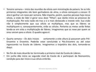 • Terceira semana – Início das reuniões da célula com ministração da palavra. Se os três
primeiros integrantes são bom ganhadores de alma, a célula começará a crescer. O
alvo é ganhar um novo por semana. Não importa, porém, quantas pessoas haja nessa
célula, a visão do líder é gerar seus doze “filhos”, que darão início ao processo de
multiplicação. Por esta razão ele traz a si o mais destacado e investe nele. Sua visão
não é simplesmente que sua célula se multiplique, mas que os líderes se
multipliquem e, consequentemente, virão as células. Portanto as metas serão feitas
tendo-se em vista a multiplicação de líderes. Imaginemos que os nove por quem se
orou vieram para a célula. O quadro agora é:
• Quarta semana – Os dois iniciais certamente a este altura já passaram pelo Pré-
Encontro e Encontro. Poderão estar concluindo o Pós-Encontro ou até estar
ingressando na Escola de Líderes. Imaginemos a trajetória dos dois, tomando-os
daqui.
• No fim de maio deverão ter terminado o primeiro nível da Escola de Líderes.
• Em junho dão início ao segundo nível da Escola de e participam do Reencontro,
condição para dar início à sua célula embrião.
Ministerio Apostolico da Paz 27
 