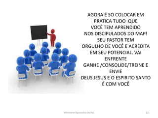 AGORA É SO COLOCAR EM
PRATICA TUDO QUE
VOCÊ TEM APRENDIDO
NOS DISCIPULADOS DO MAP!
SEU PASTOR TEM
ORGULHO DE VOCÊ E ACREDITA
EM SEU POTENCIAL. VAI
ENFRENTE
GANHE /CONSOLIDE/TREINE E
ENVIE
DEUS JESUS E O ESPIRITO SANTO
É COM VOCÊ
Ministerio Apostolico da Paz 32
 