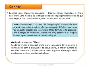 Ganhar
 Conheça uma linguagem adequada – Quando estiver levando-a a Cristo,
desenvolva uma maneira de falar que tenha uma linguagem clara acerca do que
quer expor, e fale com autoridade, com ousadia, com fé, com vida.
Chave: Onde começa o processo da Evangelização? Na amizade. Com
ele você já deve ter uma intenção, um propósito definido para com a
vida daquela pessoa: levá-la a Cristo. Onde termina este processo?
Com a oração de confissão. Acabou de orar, acabou o 1.º degrau.
Vejamos agora o roteiro desse primeiro degrau.
Ganhando através das Células
Sendo as células o principal braço através do qual a Igreja penetra a
comunidade com o Evangelho de Jesus Cristo, o maior número de
decisões acontecerá através desse meio. Algumas estratégias serão
usadas para acelerar a colheita de almas.
Ministerio Apostolico da Paz 4
 