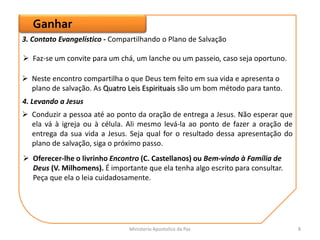 4. Levando a Jesus
 Conduzir a pessoa até ao ponto da oração de entrega a Jesus. Não esperar que
ela vá à igreja ou à célula. Ali mesmo levá-la ao ponto de fazer a oração de
entrega da sua vida a Jesus. Seja qual for o resultado dessa apresentação do
plano de salvação, siga o próximo passo.
 Oferecer-lhe o livrinho Encontro (C. Castellanos) ou Bem-vindo à Família de
Deus (V. Milhomens). É importante que ela tenha algo escrito para consultar.
Peça que ela o leia cuidadosamente.
Ganhar
3. Contato Evangelístico - Compartilhando o Plano de Salvação
 Faz-se um convite para um chá, um lanche ou um passeio, caso seja oportuno.
 Neste encontro compartilha o que Deus tem feito em sua vida e apresenta o
plano de salvação. As Quatro Leis Espirituais são um bom método para tanto.
Ministerio Apostolico da Paz 8
 