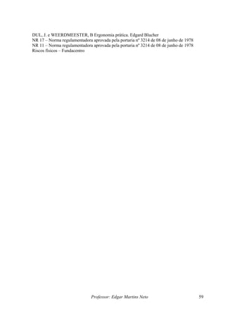 DUL, J. e WEERDMEESTER, B Ergonomia prática. Edgard Blucher
NR 17 – Norma regulamentadora aprovada pela portaria nº 3214 de 08 de junho de 1978
NR 11 – Norma regulamentadora aprovada pela portaria nº 3214 de 08 de junho de 1978
Riscos físicos – Fundacentro
Professor: Edgar Martins Neto 59
 