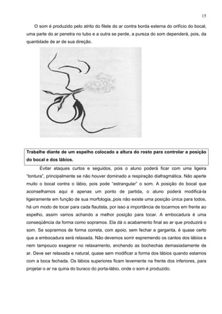 15

   O som é produzido pelo atrito do filete do ar contra borda externa do orifício do bocal,
uma parte do ar penetra no tubo e a outra se perde, a pureza do som dependerá, pois, da
quantidade de ar de sua direção.




Trabalhe diante de um espelho colocado a altura do rosto para controlar a posição
do bocal e dos lábios.
      Evitar ataques curtos e seguidos, pois o aluno poderá ficar com uma ligeira
“tontura”, principalmente se não houver dominado a respiração diafragmática. Não aperte
muito o bocal contra o lábio, pois pode “estrangular” o som. A posição do bocal que
aconselhamos aqui é apenas um ponto de partida, o aluno poderá modificá-la
ligeiramente em função de sua morfologia.,pois não existe uma posição única para todos,
há um modo de tocar para cada flautista, por isso a importância de tocarmos em frente ao
espelho, assim vamos achando a melhor posição para tocar. A embocadura é uma
conseqüência da forma como sopramos. Ela dá o acabamento final ao ar que produzirá o
som. Se soprarmos de forma correta, com apoio, sem fechar a garganta, é quase certo
que a embocadura será relaxada. Não devemos sorrir espremendo os cantos dos lábios e
nem tampouco exagerar no relaxamento, enchendo as bochechas demasiadamente de
ar. Deve ser relaxada e natural, quase sem modificar a forma dos lábios quando estamos
com a boca fechada. Os lábios superiores ficam levemente na frente dos inferiores, para
projetar o ar na quina do buraco do porta-lábio, onde o som é produzido.
 