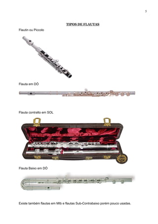 5



                               TIPOS DE FLAUTAS
Flautin ou Piccolo




Flauta em DÓ




Flauta contralto em SOL




Flauta Baixo em DÓ




Existe também flautas em MIb e flautas Sub-Contrabaixo porém pouco usadas.
 