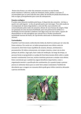 18
Dentro dos frutos e ao redor das sementes encontra-se uma farinha
muito nutritiva e saborosa, usada em vitaminas, bolos, pudins e sorvetes. É
recomendado que se coma todo dia uma colher de farinha de jatobá dissolvida em
leite ou água, principalmente para casos de osteoporose.
Função ecológica:
É usada como alimento também pela fauna. A dispersão das sementes - de duas a
quatro em cada legume - se dá, em grande parte, por morcegos. Tem sido usada na
recomposição de matas degradadas e, com este fim, suas sementes são
comercializadas pelas redes de sementes oficiais de seus biomas de origem. Pode
ser plantada em solos de baixa fertilidade, pois tem potencial de melhorar a
fertilidade da terra devido à simbiose com algas azuis em suas raízes, capazes de
disponibilizar no solo nitrogênio que retiram do ar. Produz anualmente
quantidade enorme de frutos, de cuja farinha adocicada se alimentam muitos
animais.
Curiosidades:
O jatobá é um fruto muito conhecida dos índios da América Latina por ser uma das
frutas místicas. Por assim ser, os índios pesquisavam seus efeitos antes de
consumi-lo. Este fruto trazia equilíbrio de anseios, desejos, sentimentos e
pensamentos. Os índios costumavam, em tempos remotos, comer um ou dois
pedaços de jatobá e, logo após, fazer rodas de meditação. Ao longo do tempo, as
pessoas foram se perguntado se a polpa do fruto fazia mesmo efeito sobre a saúde
mental e sentimental. Com isso, muitos cientistas passaram a estudar seus efeitos.
Estes concluíram que o jatobá traz alguns benefícios importantes, como a
organização mental e a purificação dos sentimentos. Já o quanto tempo a pessoa
precisa se alimentar disso para se sentir bem ainda é contestável. Também foi
descoberto que o exagero no consumo diário pode gerar efeito contrário, deixando
a pessoa atordoada.
 