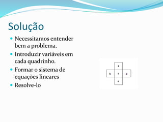 Solução
 Necessitamos entender
bem a problema.
 Introduzir variáveis em
cada quadrinho.
 Formar o sistema de
equações lineares
 Resolve-lo
 
