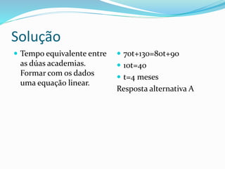 Solução
 Tempo equivalente entre
as dúas academias.
Formar com os dados
uma equação linear.
 70t+130=80t+90
 10t=40
 t=4 meses
Resposta alternativa A
 
