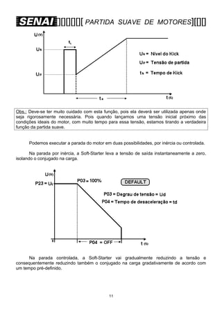 [][][][][][ PARTIDA

SUAVE DE MOTORES][[][]

Obs.: Deve-se ter muito cuidado com esta função, pois ela deverá ser utilizada apenas onde
seja rigorosamente necessária. Pois quando lançamos uma tensão inicial próximo das
condições ideais do motor, com muito tempo para essa tensão, estamos tirando a verdadeira
função da partida suave.
Podemos executar a parada do motor em duas possibilidades, por inércia ou controlada.
Na parada por inércia, a Soft-Starter leva a tensão de saída instantaneamente a zero,
isolando o conjugado na carga.

Na parada controlada, a Soft-Starter vai gradualmente reduzindo a tensão e
consequentemente reduzindo também o conjugado na carga gradativamente de acordo com
um tempo pré-definido.

11

 