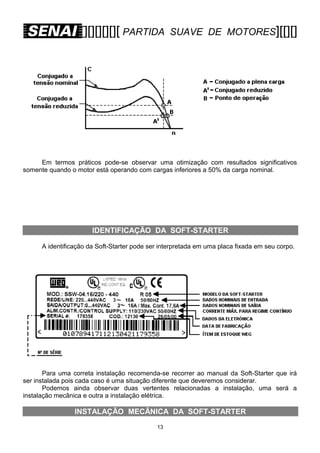 [][][][][][ PARTIDA

SUAVE DE MOTORES][[][]

Em termos práticos pode-se observar uma otimização com resultados significativos
somente quando o motor está operando com cargas inferiores a 50% da carga nominal.

IDENTIFICAÇÃO DA SOFT-STARTER
A identificação da Soft-Starter pode ser interpretada em uma placa fixada em seu corpo.

Para uma correta instalação recomenda-se recorrer ao manual da Soft-Starter que irá
ser instalada pois cada caso é uma situação diferente que deveremos considerar.
Podemos ainda observar duas vertentes relacionadas a instalação, uma será a
instalação mecânica e outra a instalação elétrica.

INSTALAÇÃO MECÂNICA DA SOFT-STARTER
13

 