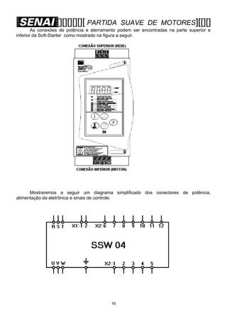 [][][][][][ PARTIDA

SUAVE DE MOTORES][[][]

As conexões de potência e aterramento podem ser encontradas na parte superior e
inferior da Soft-Starter como mostrado na figura a seguir.

Mostraremos a seguir um diagrama simplificado dos conectores de potência,
alimentação da eletrônica e sinais de controle:

16

 
