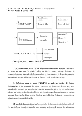 Apostila Pós-Graduação: A Metodologia Científica no mundo acadêmico                    40
Ms. Fabio Augusto de Oliveira Santos




                                          Atividades a
                                          serem                       Como serão
              4.
              METODOLOGIA                 desenvolvidas               Desenvolvidas?




                                                                      Semanas ?
                                             Tempo de
               5.                                                     Meses ?
               CRONOGRAMA                    execução
                                                                      Bimestres ?



                                                  Todo material

                   6.BIBLIOGRAFIA                 usado na

                                                  elaboração

      Definições para o termo PROJETO:


      I - Definições para o termo PROJETO segundo o Dicionário Aurélio: 1. idéia que
se forma de executar ou realizar algo, no futuro; plano, intento, desígnio. 2.
empreendimento a ser realizado dentro de determinado esquema. 3. Redação ou esboço
preparatório ou provisório de um texto. 4. Arquit. Plano geral de edificação.


      II. Definições para o termo PROJETO segundo as teorias de Gestão
Empresarial: é um conjunto de ações executadas de forma coordenada por uma
organização, ao qual são alocados os insumos necessários para, em um dado prazo,
atingir um objetivo. Sendo este objetivo geralmente específico em termos de custos,
tempo e desempenho. Cada projeto é único, tendo objetivos definidos e mensuráveis,
além de possuir um ciclo de vida.


                                     (pesquisador da área de metodologia científica):
      III - Antônio Joaquim Severino (                                              :
é o que define e planeja o caminho a ser seguido no desenvolvimento das atividades,
 