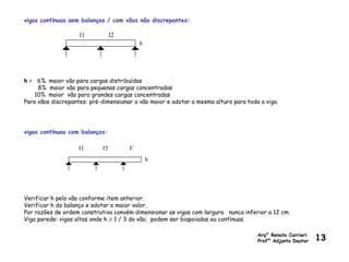 vigas contínuas sem balanços / com vãos não discrepantes:
l1 l2
h = 6% maior vão para cargas distribuídas
8% maior vão para pequenas cargas concentradas
10% maior vão para grandes cargas concentradas
Para vãos discrepantes: pré-dimensionar o vão maior e adotar a mesma altura para toda a viga.
vigas contínuas com balanços:
l1 l2 l΄
Verificar h pelo vão conforme item anterior.
Verificar h do balanço e adotar o maior valor.
Por razões de ordem construtiva convém dimensionar as vigas com largura nunca inferior a 12 cm.
Viga parede: vigas altas onde h ≥ 1 / 3 do vão; podem ser biapoiadas ou contínuas.
h
h
Arq° Renato Carrieri
Profº Adjunto Doutor 13
 