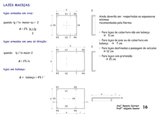 LAJES MACIÇAS
lajes armadas em cruz:
d = 2% lx + ly
2
lajes armadas em uma só direção:
d = 2% lx
lajes em balanço:
d = balanço = 4% l '
quando: ly / lx maior 2
quando: ly / lx menor ou = 2
Ainda deverão ser respeitadas as espessuras
mínimas
recomendadas pela Norma:
• Para lajes de cobertura não em balanço
 5 cm
• Para lajes de piso ou de cobertura em
balanço  7 cm
• Para lajes destinadas a passagem de veículos
 12 cm
• Para lajes com protensão
 15 cm
Arq° Renato Carrieri
Profº Adjunto Doutor 16
 