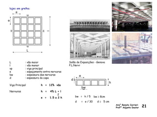 lajes em grelha:
L : vão maior
l : vão menor
vp : viga principal
e : espaçamento entre nervuras
bw : espessura das nervuras
d : espessura da capa
Viga Principal h = 12% vão
Nervuras h = 4% L + l
2
e = 1.5 a 2 h bw = h / 5
d = e / 30 d ≥ 5 cm
bw ≥ 8cm
Salão de Exposições - Genova
P.L.Nervi
Arq° Renato Carrieri
Profº Adjunto Doutor 21
 