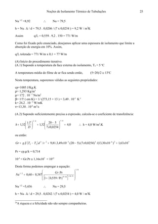 Noções de Isolamento Térmico de Tubulações
Nu 1/2
=8,92 ∴ Nu = 79,5
h = Nu . k / d = 79,5 . 0,0206 / (7 x 0,0254 ) = 9,2 W / m2
K
Assim q/L = 0,559 . 9,2 . 150 = 771 W/m
Como foi fixado pelo enunciado, desejamos aplicar uma espessura de isolamento que limite a
absorção de energia em 10%. Assim,24
q/L tolerada = 771 W/m x 0,1 = 77 W/m
(A) Início do procedimento iterativo.
(A.1) Supondo a temperatura da face externa do isolamento, T4 = 5 o
C
A temperatura média do filme de ar fica sendo então, (5+20)/2 ≅ 13o
C
Nesta temperatura, suporemos válidas as seguintes propriedades:
cp=1005 J/Kg.K
ρ= 1,293 Kg/m3
µ= 172 . 10 –7
Ns/m2
β= 1/T ( em K) = 1/ (273,15 + 13 ) = 3,49 . 10-3
K-1
k= 24,2 . 10 –3
W/mK
ν=13,30 . 10-6
m2
/s
(A.2) Supondo suficientemente precisa a expressão, calcula-se o coeficiente de transferência:
0,4
0254,07
520
32,132,1
4/14/1
=




 −
=




 ∆
=
xD
T
h ∴ h = 4,0 W/m2
.K
ou então:
( ) 7263323
35 1063,1)1030,13/()0254,07).(520.(1049,3.81,9/. xxxxdTTgGr =−=−= −−
νβ
Pr = cp.µ/k = 0,714
10-5
< Gr.Pr ≅ 1,16x107
< 1012
Desta forma podemos empregar a equação:
( )[ ]
6/1
9/1616/9
2/1
Pr/559,01
Pr.
387,060,0








+
+= +
Gr
Nu
Nu 1/2
=5,436 ∴ Nu = 29,5
h = Nu . k / d = 29,5 . 0,0242 / (7 x 0,0254 ) = 4,0 W / m2
K
24
A riqueza e a felicidade não são sempre companheiras.
25
 