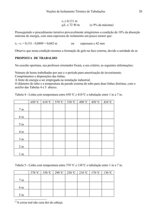 Noções de Isolamento Térmico de Tubulações
r4 ≅ 0,131 m
q/L ≅ 72 W/m (≅ 9% da máxima)
Prosseguindo o procedimento iterativo provavelmente atingiremos a condição de 10% da absorção
máxima de energia, com uma espessura de isolamento um pouco menor que:
r4 - r3 = 0,131 - 0,0889 = 0,042 m ou espessura ≅ 42 mm
Observe que nesta condição teremos a formação de gelo na face externa, devido a umidade do ar.
PROPOSTA DE TRABALHO27
Na ocasião oportuna, seu professor orientador fixará, a seu critério, as seguintes informações:
Número de horas trabalhadas por ano e o período para amortização do investimento.
Comprimentos e disposições das linhas.
A fonte de energia a ser empregada na instalação industrial.
O diâmetro do tubo e a temperatura da parede externa do tubo para duas linhas distintas, com o
auxílio das Tabelas 4 e 5 abaixo.
Tabela 4 - Linha com temperatura entre 650 o
C e 410o
C e tubulação entre 1 in a 7 in.
650 o
C 610 o
C 570 o
C 530 o
C 490 o
C 450 o
C 410 o
C
7 in
6 in
5 in
4 in
3 in
2 in
1 in
Tabela 5 - Linha com temperatura entre 370 o
C e 130o
C e tubulação entre 1 in a 7 in.
370 o
C 330 o
C 290 o
C 250 o
C 210 o
C 170 o
C 130 o
C
7 in
6 in
5 in
27
A coroa real não cura dor de cabeça.
28
 
