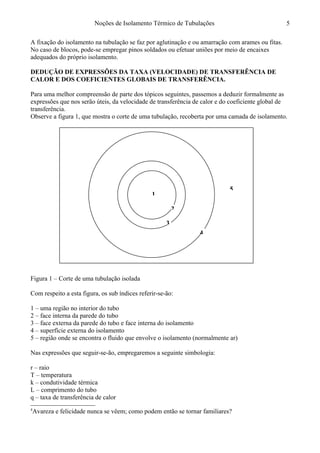 Noções de Isolamento Térmico de Tubulações
A fixação do isolamento na tubulação se faz por aglutinação e ou amarração com arames ou fitas.
No caso de blocos, pode-se empregar pinos soldados ou efetuar uniões por meio de encaixes
adequados do próprio isolamento.
DEDUÇÃO DE EXPRESSÕES DA TAXA (VELOCIDADE) DE TRANSFERÊNCIA DE
CALOR E DOS COEFICIENTES GLOBAIS DE TRANSFERÊNCIA.4
Para uma melhor compreensão de parte dos tópicos seguintes, passemos a deduzir formalmente as
expressões que nos serão úteis, da velocidade de transferência de calor e do coeficiente global de
transferência.
Observe a figura 1, que mostra o corte de uma tubulação, recoberta por uma camada de isolamento.
Figura 1 – Corte de uma tubulação isolada
Com respeito a esta figura, os sub índices referir-se-ão:
1 – uma região no interior do tubo
2 – face interna da parede do tubo
3 – face externa da parede do tubo e face interna do isolamento
4 – superfície externa do isolamento
5 – região onde se encontra o fluido que envolve o isolamento (normalmente ar)
Nas expressões que seguir-se-ão, empregaremos a seguinte simbologia:
r – raio
T – temperatura
k – condutividade térmica
L – comprimento do tubo
q – taxa de transferência de calor
4
Avareza e felicidade nunca se vêem; como podem então se tornar familiares?
5
1
5
4
3
2
 