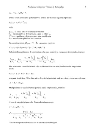 Noções de Isolamento Térmico de Tubulações
).(. 5445454 TTAhq −= −−
Define-se um coeficiente global de troca térmica por meio da seguinte expressão:6
TOTALJJTOTAL TUAq ∆= ..
onde
qTOTAL – é a taxa total de calor que se transfere
AJ – é a área de troca de referência; a qual se refere UJ
∆TTOTAL – a diferença de temperatura total considerada
UJ – o coeficiente global de troca térmica
Se considerarmos o ∆TTOTAL = T1 – T5 , podemos escrever:
∆TTOTAL = (T1-T2) + (T2-T3) + (T3-T4) + (T4-T5)
Substituindo as diferenças de temperatura pelas suas respectivas expressões já mostradas, teremos:
454
54
43
5
4
43
32
2
3
32
221
21
....2
ln.
...2
ln.
.. Ah
q
kL
r
r
q
kL
r
r
q
Ah
q
UA
q
JJ
TOTAL
−
−
−
−
−
−
−
−
+






+






+=
ππ
Mas neste caso, a transferência de calor se dá em série e não há acúmulo de calor no percurso,
assim:
54433221 −−−− ==== qqqqqTOTAL
e se pode simplificar. Além disto a área de referência adotada pode ser a área externa, de modo que:
LrAAJ ...2 44 π==
Multiplicando-se todos os termos por esta área e simplificando, teremos:
5443
5
4
4
32
2
3
4
221
4
4
1
ln.ln.
.
1
−−−−
+






+






+=
hk
r
r
r
k
r
r
r
rh
r
U
A taxa de transferência de calor fica sendo dada assim por
).(. 5144 TTUAq −=
4543
4
432
3
32221
51
1
ln
1
ln
11
)(2
'
rhr
r
kr
r
krh
TTL
q
−−−−
+++
−
=
π
6
Enxerte sempre bons frutos ou não os enxerte de modo algum.
7
 