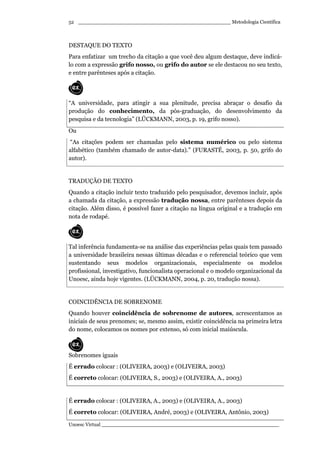 _________________________________________________ Metodologia Científica
Unoesc Virtual _________________________________________________________
52
DESTAQUE DO TEXTO
Para enfatizar um trecho da citação a que você deu algum destaque, deve indicá-
lo com a expressão grifo nosso, ou grifo do autor se ele destacou no seu texto,
e entre parênteses após a citação.
“A universidade, para atingir a sua plenitude, precisa abraçar o desafio da
produção do conhecimento, da pós-graduação, do desenvolvimento da
pesquisa e da tecnologia” (LÜCKMANN, 2003, p. 19, grifo nosso).
Ou
“As citações podem ser chamadas pelo sistema numérico ou pelo sistema
alfabético (também chamado de autor-data).” (FURASTÉ, 2003, p. 50, grifo do
autor).
TRADUÇÃO DE TEXTO
Quando a citação incluir texto traduzido pelo pesquisador, devemos incluir, após
a chamada da citação, a expressão tradução nossa, entre parênteses depois da
citação. Além disso, é possível fazer a citação na língua original e a tradução em
nota de rodapé.
Tal inferência fundamenta-se na análise das experiências pelas quais tem passado
a universidade brasileira nessas últimas décadas e o referencial teórico que vem
sustentando seus modelos organizacionais, especialmente os modelos
profissional, investigativo, funcionalista operacional e o modelo organizacional da
Unoesc, ainda hoje vigentes. (LÜCKMANN, 2004, p. 20, tradução nossa).
COINCIDÊNCIA DE SOBRENOME
Quando houver coincidência de sobrenome de autores, acrescentamos as
iniciais de seus prenomes; se, mesmo assim, existir coincidência na primeira letra
do nome, colocamos os nomes por extenso, só com inicial maiúscula.
Sobrenomes iguais
É errado colocar : (OLIVEIRA, 2003) e (OLIVEIRA, 2003)
É correto colocar: (OLIVEIRA, S., 2003) e (OLIVEIRA, A., 2003)
É errado colocar : (OLIVEIRA, A., 2003) e (OLIVEIRA, A., 2003)
É correto colocar: (OLIVEIRA, André, 2003) e (OLIVEIRA, Antônio, 2003)
 