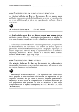 Formas de elaborar citações e referências ____________________________________
____________________________________________________________ Unidade 4
53
CITAÇÕES INDIRETAS DE UM MESMO AUTOR NO MESMO ANO
As citações indiretas de diversos documentos de um mesmo autor
publicados num mesmo ano são distinguidas pelo acréscimo de letra minúscula,
em ordem alfabética, após a data e sem espacejamento, conforme a lista de
referências.
De acordo com Santos (2002a) (SANTOS, 2002b)
As citações indiretas de diversos documentos de uma mesma autoria
publicados em anos diferentes e mencionados simultaneamente no trabalho têm
seus respectivos anos separados por vírgula e colocados em ordem cronológica.
A administração de recursos humanos consiste no planejamento, na organização,
no desenvolvimento, na coordenação e no controle de técnicas capazes de
promover o desenvolvimento eficiente do pessoal e da própria organização. Ao
mesmo tempo que o indivíduo alcança os objetivos individuais, se mantém na
organização, trabalhando e dando o máximo de si, com uma atitude positiva e
favorável (CHIAVENATO, 1999, 2003, 2005).
CITAÇÕES INDIRETAS DE VÁRIOS AUTORES
Nas citações indiretas de diversos documentos de vários autores
mencionados simultaneamente nos trabalhos, separamos o sobrenome do autor
por ponto-e-vírgula e em ordem alfabética.
A administração de recursos humanos (ARH) representa todas aquelas coisas
muito pequenas e muito numerosas que frustram ou impacientam, ou que
alegram e satisfazem, mas que levam as pessoas a desejarem permanecer na
organização. E mais, cuidam da vida profissional, do ambiente empresarial que
irão proporcionar mais qualidade de vida ao empregado e uma equipe
comprometida com os objetivos da empresa (CHIAVENATO, 2000; GIL, 2001;
TOLEDO, 1992).
 