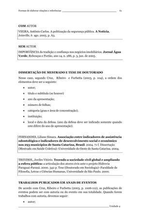 Formas de elaborar citações e referências ____________________________________
____________________________________________________________ Unidade 4
61
COM AUTOR
VIEIRA, Antônio Carlos. A politização da segurança pública. A Notícia,
Joinville, 6 ago. 2005. p. A3.
SEM AUTOR
IMPORTÂNCIA da tradição e confiança nos negócios imobiliários. Jornal Água
Verde, Rebouças e Portão, ano 14, n. 286, p. 3, jun. de 2005.
DISSERTAÇÃO DE MESTRADO E TESE DE DOUTORADO
Nesse caso, segundo Cruz, Ribeiro e Furbetta (2003, p. 104), a ordem dos
elementos deve ser a seguinte:
• autor;
• título e subtítulo (se houver)
• ano da apresentação;
• número de folhas;
• categoria (grau e área de concentração);
• instituição;
• local e data da defesa. (ano da defesa deve ser indicado somente quando
este difere do ano de apresentação).
FERNANDES, Liliane Simara. Associação entre indicadores de assistência
odontológica e indicadores de desenvolvimento social e econômico
nos 293 municípios de Santa Catarina, Brasil. 2004. 71 f. Dissertação
(Mestrado em Saúde Coletiva)–Universidade do Oeste de Santa Catarina. 2004.
TREVISOL, Joviles Vitório. Tecendo a sociedade civil global e ampliando
a esfera pública: a articulação dos atores civis ante o projeto Hidrovia
Paraguai-Paraná. 2000. 342 p. Tese (Doutorado em Sociologia)–Faculdade de
Filosofia, Letras e Ciências Humanas, Universidade de São Paulo. 2000.
TRABALHOS PUBLICADOS EM ANAIS DE EVENTOS
De acordo com Cruz, Ribeiro e Furbetta (2003, p. 1006-112), as publicações de
eventos podem ser com autoria ou do evento em sua totalidade. Quando forem
trabalhos com autoria, devemos seguir:
• autor;
 