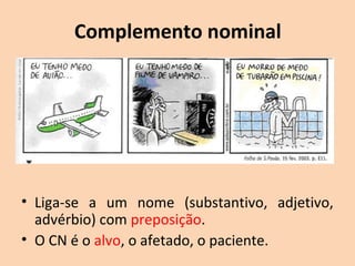 complemento nominal: 
Alguém se enraiveceu com o namorado. 
(paciente). 
adjunto adnominal: 
Monalisa sorriu. (agente) 
 