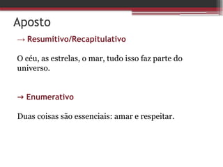 Aposto
→ Resumitivo/Recapitulativo
O céu, as estrelas, o mar, tudo isso faz parte do
universo.
→ Enumerativo
Duas coisas são essenciais: amar e respeitar.
 