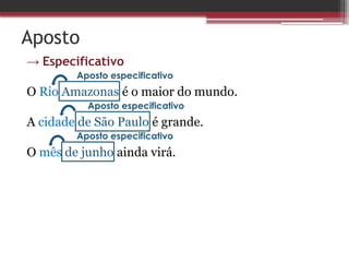 Aposto
→ Especificativo
O Rio Amazonas é o maior do mundo.
A cidade de São Paulo é grande.
O mês de junho ainda virá.
Aposto especificativo
Aposto especificativo
Aposto especificativo
 