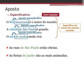 Aposto
→ Especificativo
O Rio Amazonas é o maior do mundo.
A cidade de São Paulo é grande.
O mês de junho ainda virá.
≠ As ruas de São Paulo estão cheias.
≠ As festas de junho são as mais animadas.
Aposto especificativo
Aposto especificativo
Aposto especificativo
Especifica um
termo de mesmo
sentido.
Sem vírgulas!
 