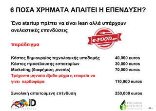 6 ΠΟ΢Α ΥΡΖΜΑΣΑ ΑΠΑΗΣΔΗ Ζ ΔΠΔΝΓΤ΢Ζ?
Έλα startup πξέπεη λα είλαη lean αιιά ππάξρνπλ
αλειαζηηθέο επελδύζεηο
παξάδεηγκα
Κόζηνο δεκηνπξγίαο ηερλνινγηθήο ππνδνκήο
Kόζηνο πξνζέιθπζεο εζηηαηνξίσλ
Marketing (δηαθήκηζε ,events)
Σξέρνληα κεληαία έμνδα κέρξη ε εηαηξεία λα
γίλεη θεξδνθόξα

40,000 euros
30,000 euros
70,000 euros

΢πλνιηθή απαηηνύκελε επέλδπζε

250,000 euros

110,000 euros

- 15 -

 