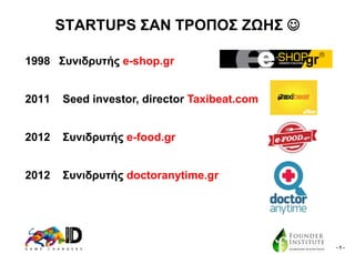 STARTUPS ΢ΑΝ ΣΡΟΠΟ΢ ΕΧΖ΢ 
1998 ΢πληδξπηήο e-shop.gr
2011

Seed investor, director Taxibeat.com

2012

΢πληδξπηήο e-food.gr

2012

΢πληδξπηήο doctoranytime.gr

-1-

 