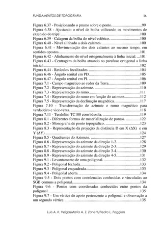 FUNDAMENTOS DE TOPOGRAFIA
Luis A. K. Veiga/Maria A. Z. Zanetti/Pedro L. Faggion
ix
Figura 6.37 - Posicionando o prumo sobre o ponto...............................99
Figura 6.38 - Ajustando o nível de bolha utilizando os movimentos de
extensão do tripé..................................................................................100
Figura 6.39 - Calagem da bolha do nível esférico...............................100
Figura 6.40 - Nível alinhado a dois calantes........................................100
Figura 6.41 - Movimentação dos dois calantes ao mesmo tempo, em
sentidos opostos...................................................................................101
Figura 6.42 - Alinhamento do nível ortogonalmente à linha inicial....101
Figura 6.43 - Centragem da bolha atuando no parafuso ortogonal a linha
inicial...................................................................................................102
Figura 6.44 - Retículos focalizados.....................................................104
Figura 6.46 - Ângulo zenital em PD....................................................105
Figura 6.47 - Ângulo zenital em PI. ....................................................106
Figura 7.1 - Campo magnético ao redor da Terra................................109
Figura 7.2 - Representação do azimute. ..............................................110
Figura 7.3 - Representação do rumo....................................................111
Figura 7.4 - Representação do rumo em função do azimute................112
Figura 7.5 - Representação da declinação magnética..........................117
Figura 7.10 - Transformação de azimute e rumo magnético para
verdadeiro e vice-versa........................................................................118
Figura 7.11 - Teodolito TC100 com bússola.......................................119
Figura 8.1 - Diferentes formas de materialização de pontos. ..............122
Figura 8.2 - Monografia de ponto topográfico. ...................................123
Figura 8.3 - Representação da projeção da distância D em X (∆X) e em
Y (∆Y).................................................................................................124
Figura 8.5 - Quadrantes do Azimute. ..................................................127
Figura 8.6 - Representação do azimute da direção 1-2........................128
Figura 8.7 - Representação do azimute da direção 2-3........................129
Figura 8.8 - Representação do azimute da direção 3-4........................130
Figura 8.9 - Representação do azimute da direção 4-5........................131
Figura 9.1 - Levantamento de uma poligonal......................................132
Figura 9.2 - Poligonal fechada.............................................................133
Figura 9.3 - Poligonal enquadrada.......................................................133
Figura 9.4 - Poligonal aberta. ..............................................................134
Figura 9.5 - Dois pontos com coordenadas conhecidas e vinculadas ao
SGB comuns a poligonal.....................................................................134
Figura 9.6 - Pontos com coordenadas conhecidas entre pontos da
poligonal..............................................................................................135
Figura 9.7 - Um vértice de apoio pertencente a poligonal e observação a
um segundo vértice..............................................................................135
 