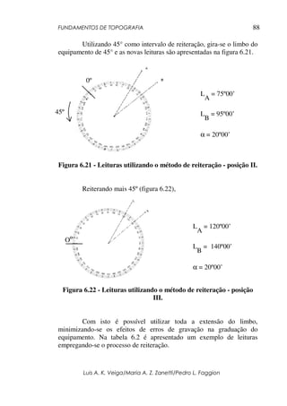 FUNDAMENTOS DE TOPOGRAFIA
Luis A. K. Veiga/Maria A. Z. Zanetti/Pedro L. Faggion
88
Utilizando 45° como intervalo de reiteração, gira-se o limbo do
equipamento de 45° e as novas leituras são apresentadas na figura 6.21.
Figura 6.21 - Leituras utilizando o método de reiteração - posição II.
Reiterando mais 45º (figura 6.22),
Figura 6.22 - Leituras utilizando o método de reiteração - posição
III.
Com isto é possível utilizar toda a extensão do limbo,
minimizando-se os efeitos de erros de gravação na graduação do
equipamento. Na tabela 6.2 é apresentado um exemplo de leituras
empregando-se o processo de reiteração.
L
A
= 75º00’
L
B
= 95º00’
α = 20º00’
45º
0º
L
A
= 120º00’
L
B
= 140º00’
α = 20º00’
Oº
 