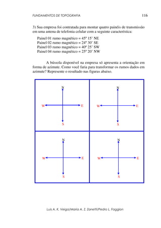 FUNDAMENTOS DE TOPOGRAFIA
Luis A. K. Veiga/Maria A. Z. Zanetti/Pedro L. Faggion
116
3) Sua empresa foi contratada para montar quatro painéis de transmissão
em uma antena de telefonia celular com a seguinte característica:
Painel 01 rumo magnético = 45º 15’ NE
Painel 02 rumo magnético = 24º 30’ SE
Painel 03 rumo magnético = 40º 25’ SW
Painel 04 rumo magnético = 25º 20’ NW
A bússola disponível na empresa só apresenta a orientação em
forma de azimute. Como você faria para transformar os rumos dados em
azimute? Represente o resultado nas figuras abaixo.
N
S
W E
N
S
W E
N
S
W E
N
S
W E
 