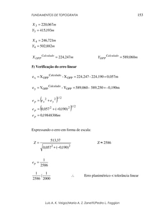 FUNDAMENTOS DE TOPOGRAFIA
Luis A. K. Veiga/Maria A. Z. Zanetti/Pedro L. Faggion
153
mY
mX
193,415
067,220
3
3
=
=
mY
mX
882,502
721,246
4
4
=
=
mX Calculado
OPP 247,224= mY Calculado
OPP 060,589=
5) Verificação do erro linear
0,057m224,190-224,247X-Xe OPP
Calculado
OPPx ===
0,190m-589,250-589,060Y-Ye OPP
Calculado
OPPy ===
( )
( )
me
e
eee
p
p
yxp
19848306,0
)190,0(057,0
2/122
2/122
=
−+=
+=
Expressando o erro em forma de escala:
Z ≈ 2586
2000
1
2586
1
〈 ∴ Erro planimétrico < tolerância linear
)190,0(057,0
37,513
22
−+
=Z
2586
1
=pe
 