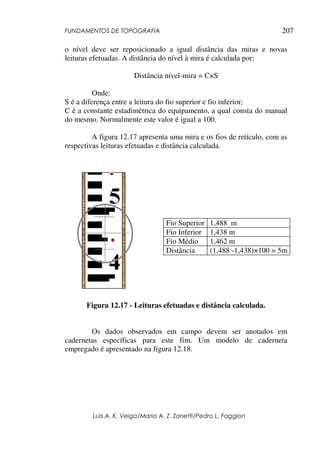 FUNDAMENTOS DE TOPOGRAFIA
Luis A. K. Veiga/Maria A. Z. Zanetti/Pedro L. Faggion
207
o nível deve ser reposicionado a igual distância das miras e novas
leituras efetuadas. A distância do nível à mira é calculada por:
Distância nível-mira = C×S
Onde:
S é a diferença entre a leitura do fio superior e fio inferior;
C é a constante estadimétrica do equipamento, a qual consta do manual
do mesmo. Normalmente este valor é igual a 100.
A figura 12.17 apresenta uma mira e os fios de retículo, com as
respectivas leituras efetuadas e distância calculada.
Figura 12.17 - Leituras efetuadas e distância calculada.
Os dados observados em campo devem ser anotados em
cadernetas específicas para este fim. Um modelo de caderneta
empregado é apresentado na figura 12.18.
Fio Superior 1,488 m
Fio Inferior 1,438 m
Fio Médio 1,462 m
Distância (1,488 -1,438)×100 = 5m
 