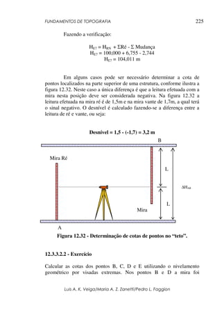 FUNDAMENTOS DE TOPOGRAFIA
Luis A. K. Veiga/Maria A. Z. Zanetti/Pedro L. Faggion
225
Fazendo a verificação:
HE7 = HRN + ΣRé - Σ Mudança
HE7 = 100,000 + 6,755 - 2,744
HE7 = 104,011 m
Em alguns casos pode ser necessário determinar a cota de
pontos localizados na parte superior de uma estrutura, conforme ilustra a
figura 12.32. Neste caso a única diferença é que a leitura efetuada com a
mira nesta posição deve ser considerada negativa. Na figura 12.32 a
leitura efetuada na mira ré é de 1,5m e na mira vante de 1,7m, a qual terá
o sinal negativo. O desnível é calculado fazendo-se a diferença entre a
leitura de ré e vante, ou seja:
Desnível = 1,5 - (-1,7) = 3,2 m
Figura 12.32 - Determinação de cotas de pontos no “teto”.
12.3.3.2.2 - Exercício
Calcular as cotas dos pontos B, C, D e E utilizando o nivelamento
geométrico por visadas extremas. Nos pontos B e D a mira foi
A
∆HAB
B
Mira Ré
Mira
Vante
L
L
 