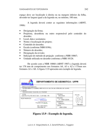 FUNDAMENTOS DE TOPOGRAFIA
Luis A. K. Veiga/Maria A. Z. Zanetti/Pedro L. Faggion
242
espaço deve ser localizado à direita ou na margem inferior da folha,
devendo ter largura igual a da legenda ou, no mínimo, 100 mm.
A legenda deverá conter as seguintes informações (ABNT,
1988):
• Designação da firma;
• Projetista, desenhista ou outro responsável pelo conteúdo do
desenho;
• Local, data e assinatura;
• Nome e localização do projeto;
• Conteúdo do desenho;
• Escala (conforme NBR 8196);
• Número do desenho;
• Designação da revisão;
• Indicação do método de projeção conforme a NBR 10067;
• Unidade utilizada no desenho conforme a NBR 10126.
De acordo com a NBR 10068 (ABNT 1987) a legenda deverá
ter 178 mm de comprimento nos formatos A4, A3 e A2 e 175mm nos
formatos A1 e A0. A figura 13.9 apresenta um exemplo de legenda.
Figura 13.9 - Exemplo de legenda.
 